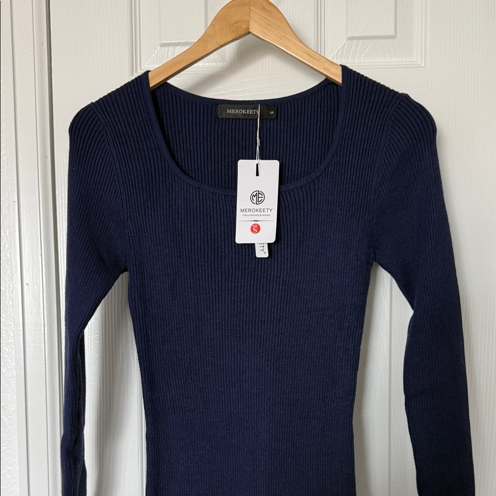 Narecte Women’s Ribbed Knit Maxi Dress Blue Long Sleeve Size S NWT